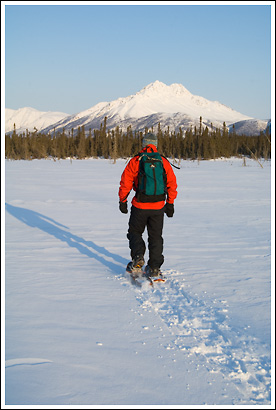 Winter snowshoeing in Wrangell St. Elias national Park, Alaska.