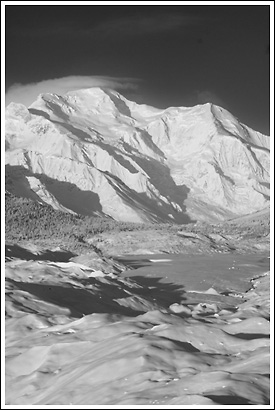 Black and white photo of Mount Blackburn, Wrangell St. Elias National Park, Alaska.