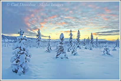 Sunset over Kennicott River, Wrangell-St. Elias, winter, Alaska.