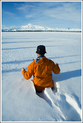 Walking, barefoot, thru waist deep powder snow, near Mt Sanford, in winter, Wrangell-St. Elias National Park, Alaska.