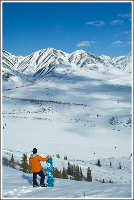 Snowboarder, standing with snowboard, Mentasta Mountains, winter, Wrangell-St. Elias National Park, Alaska.