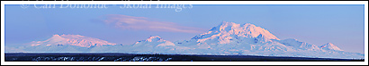 Panoramic photo of Mt Drum and Mt Wrangell, Wrangell-St. Elias National Park, Alaska.