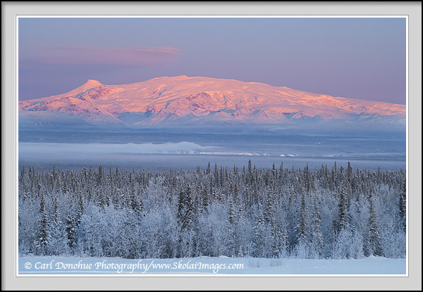 Winter landscape of sunset over Mt. Wrangell and the Copper River Basin. Mount Wrangell, Mount Zanetti and snow covered boreal forest of the Copper River Basin, Wrangell-St. Elias National Park and Preserve, Alaska.