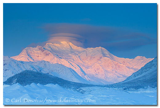 Dawn rising over Mount Blackburn, elevation - 16,390 feet (4,996 M), winter, Wrangell-St. Elias National Park and Preserve, Alaska