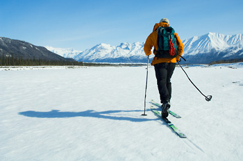 Backcountry cross country skiing (XC skiing), Wrangell-St. Elias National Park and Preserve, Alaska.