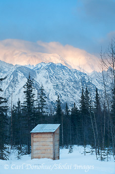 View of Mt Blackburn from the Nugget Creek outhouse, winter, Wrangell-St. Elias National Park and Preserve, Alaska.