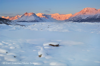 Stairway Icefall and Donoho Peak, Wrangell-St. Elias National Park and Preserve, winter, Alaska.