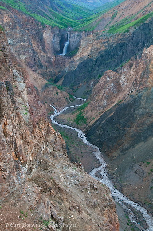 Chitistone Falls, in the Chitistone valley. The Goat Trail is a popular backpacking route, from Skolai Pass to Glacier Creek, along the Chitistone River, in Wrangell-St. Elias National Park and Preserve, Alaska.