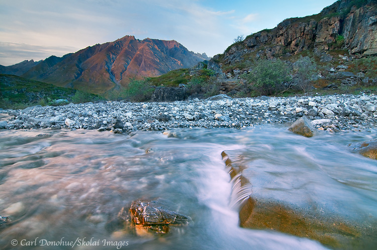 A flowing stream and tiny waterfall, near the Marsh Fork River, Brooks Mountain Range, ANWR, Arctic National Wildlife Refuge, Alaska.