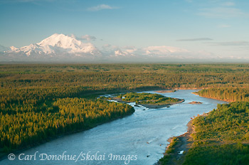 The Copper river and Mt Drum, from Simpson Hill Overlook. View of the Copper River basin and Wrangell Mountains, Wrangell-St. Elias National Park and Preserve, Alaska.