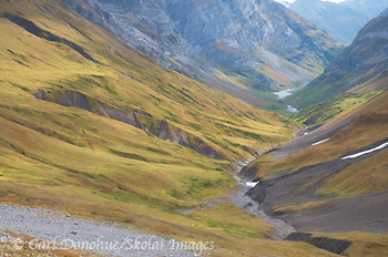 Hidden Creek valley, in the Wrangell mountains. A popular backpacking route, Hidden Creek in the Wrangell Mountains is a wonderful hike. Wrangell-St. Elias National Park and Preserve, Alaska.