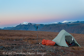 A backcountry campsite high on the tundra in the Wrangell Mountains. The high alpine ridges near Mt Jarvis, Wrangell-St. Elias National Park and Preserve provide a great place for hiking and backpacking. Sunset, Wrangell-St. Elias National Park and Preserve, Alaska.