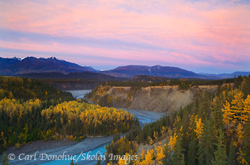 Sunrise over Kuskulana River and the Kuskulana Gorge, fall colors, Wrangell-St. Elias National Park and Preserve, Alaska.