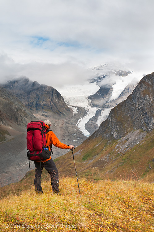 Hiker looking up the Lakina River, Wrangell-St. Elias, Alaska