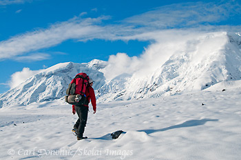 Hiking in snow, Mt Jarvis, Wrangell-St. Elias, Alaska.